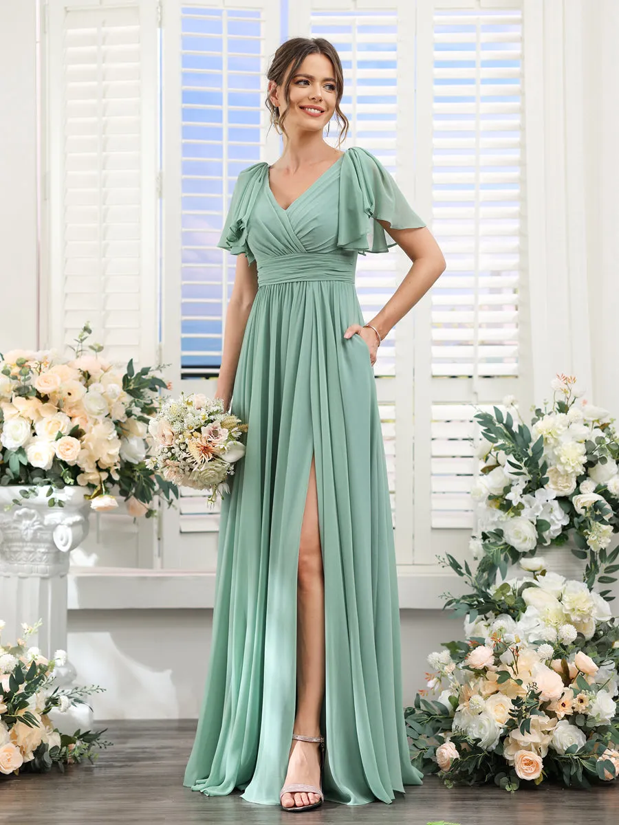 A-Line V-Neck Short Sleeves Split Side Chiffon Bridesmaid Dresses with Pockets sold by Lavetir