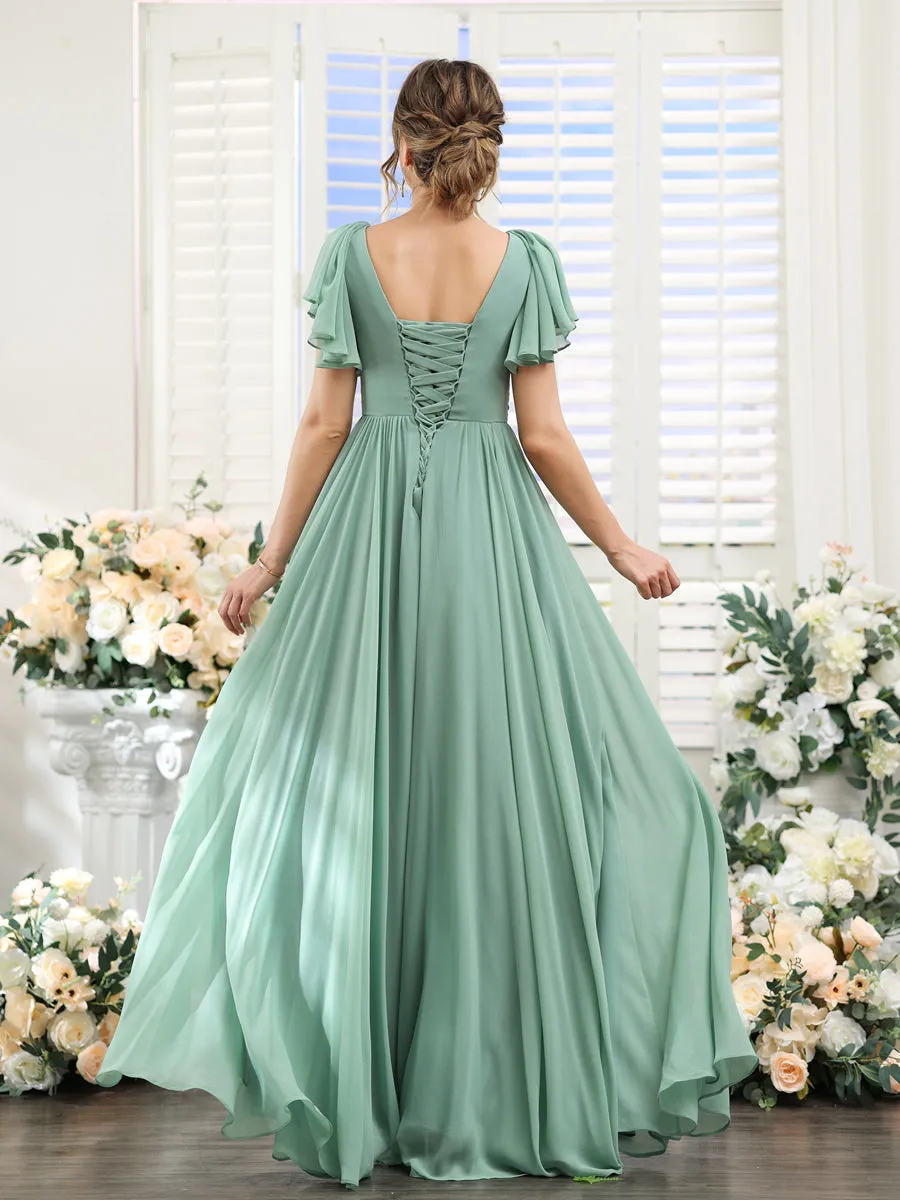 A-Line V-Neck Short Sleeves Split Side Chiffon Bridesmaid Dresses with Pockets sold by Lavetir product image thumbnail 2