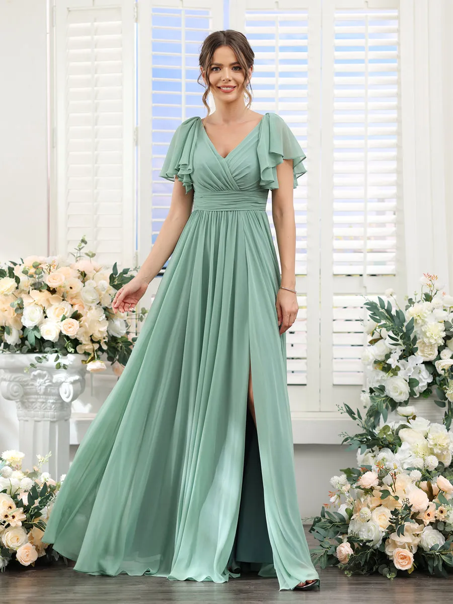 A-Line V-Neck Short Sleeves Split Side Chiffon Bridesmaid Dresses with Pockets sold by Lavetir product image thumbnail 3
