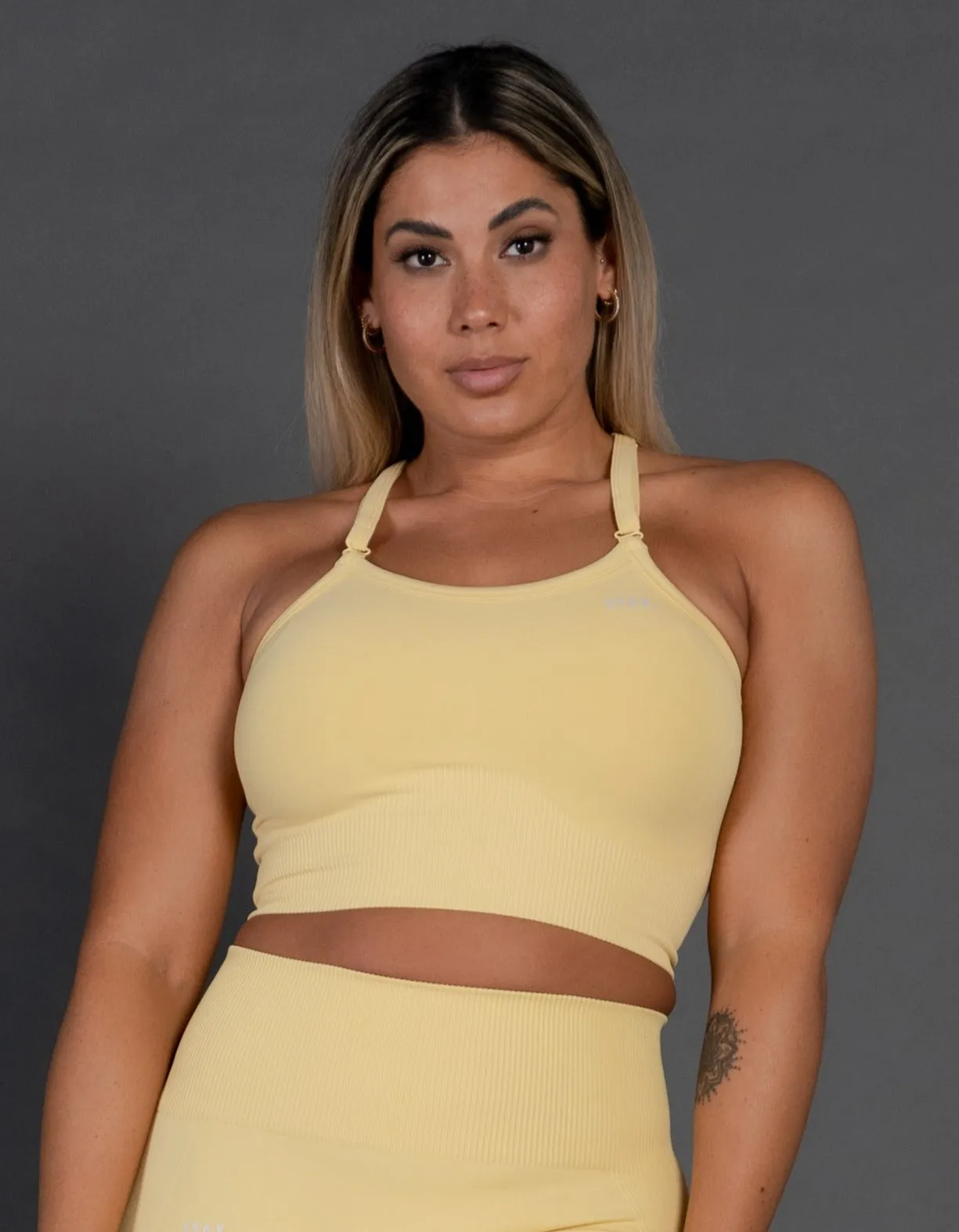 Premium Seamless V4 Strappy Crop - Flaxen Yellow sold by Stax