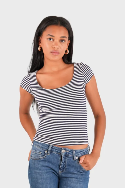 "Lola" top striped navy sold by Meet Me There