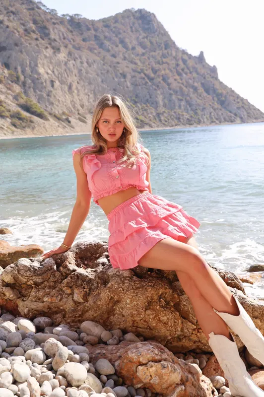 "Joy" skort coral sold by Meet Me There