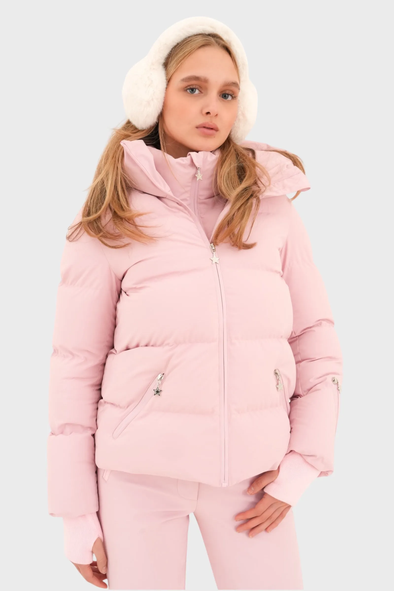 "Snowfall" ski jacket pink sold by Meet Me There
