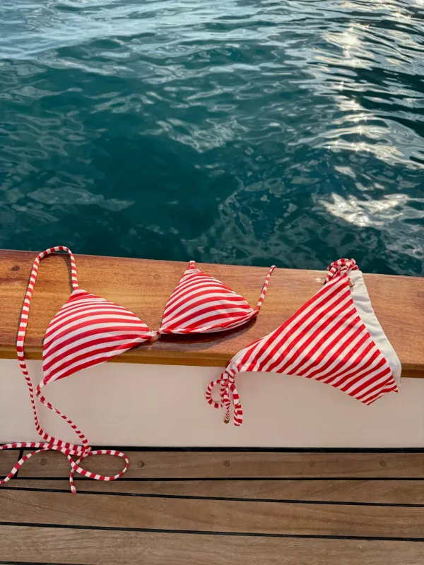"Striped" bikini top red sold by Meet Me There