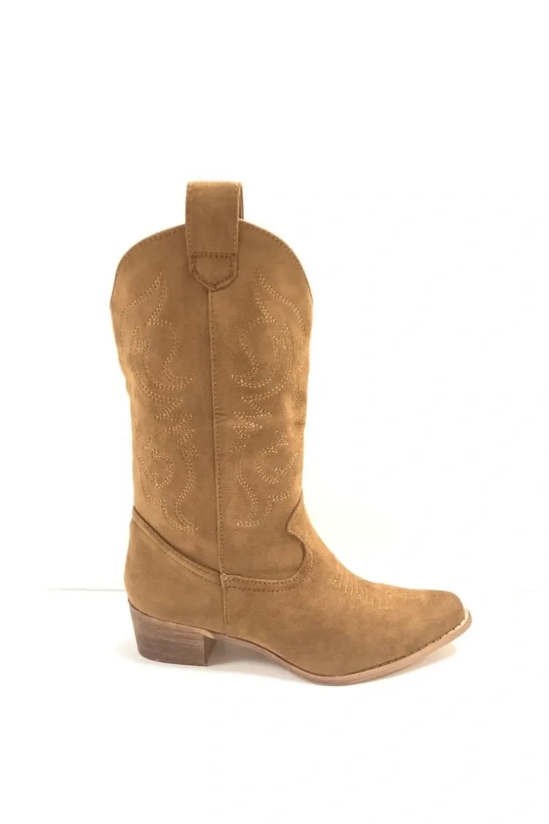 "Cowboy" boots camel suede sold by Meet Me There