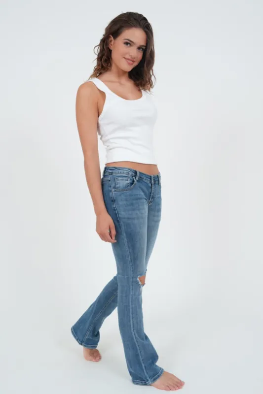 "Ripped" flared jeans dark blue sold by Meet Me There