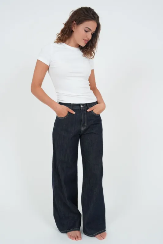 "Wide leg" jeans dark blue sold by Meet Me There