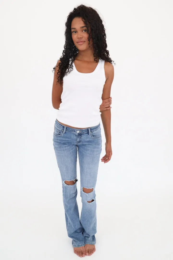 "Ripped" flared jeans dark blue tall sold by Meet Me There