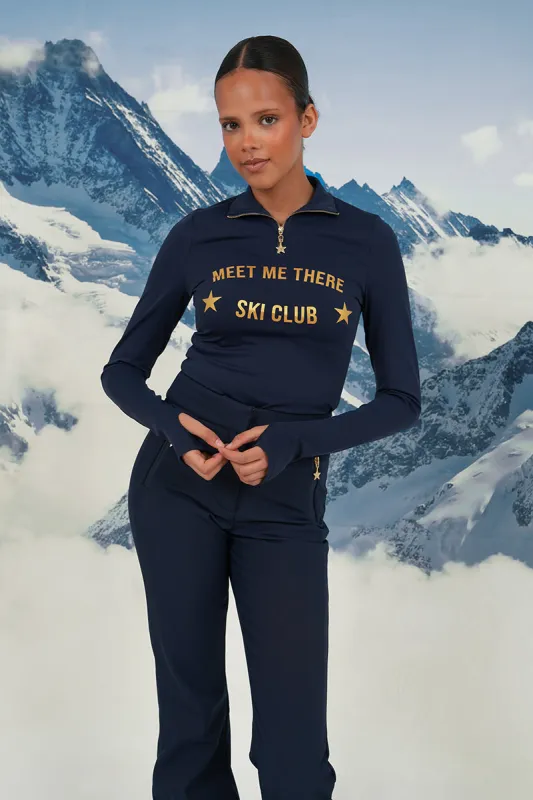 "Ski club" ski pully navy sold by Meet Me There