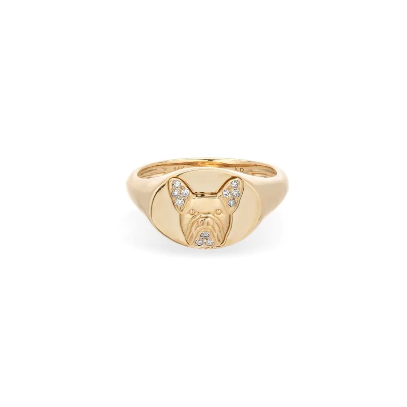 Pavé Diamond French Bulldog Signet Ring sold by Adina Reyter