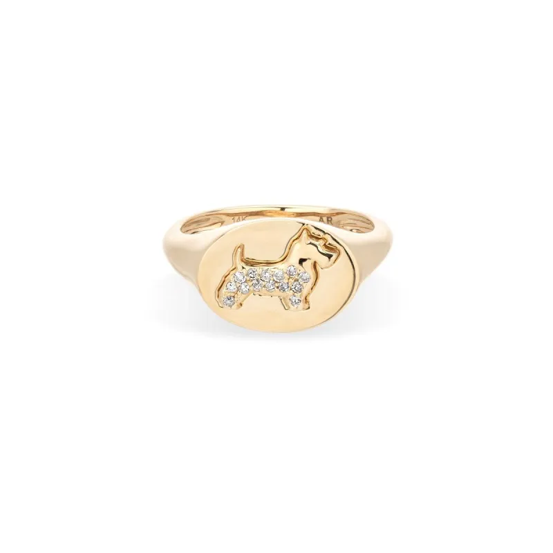 Pavé Diamond Scottish Terrier Signet Ring sold by Adina Reyter