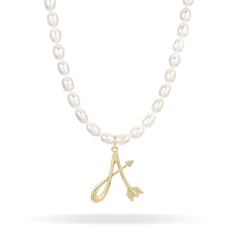 XL Seed Pearl Diamond Arrow Initial Necklace sold by Adina Reyter