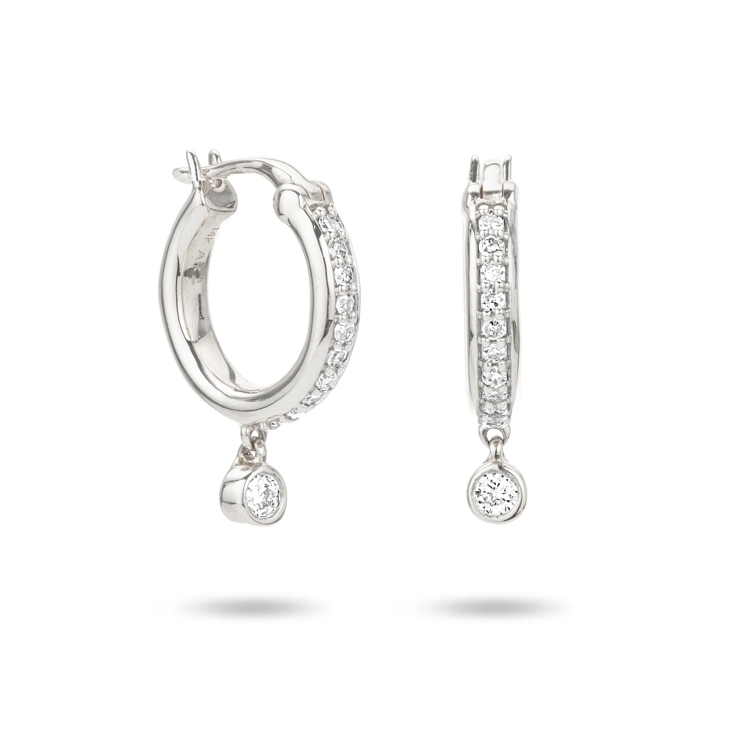 Pavé Diamond Drop Huggie Hoops in Sterling Silver sold by Adina Reyter
