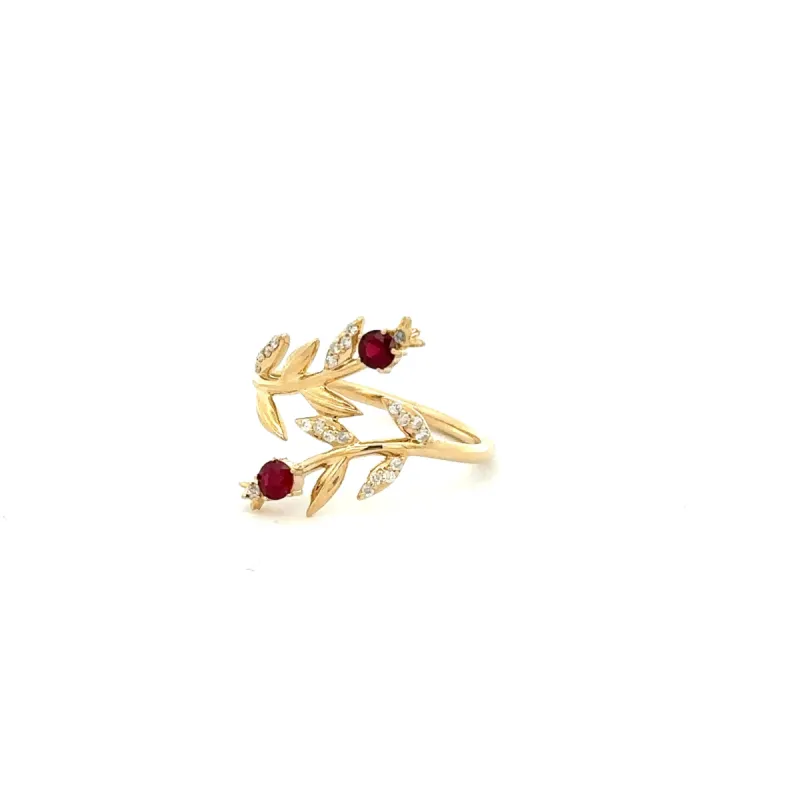 One of a Kind Diamond + Ruby Pomegranate Leaf Ring Size 6 sold by Adina Reyter