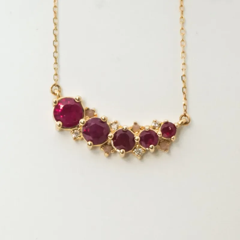Large 5 Ruby + Pink Opal + Diamond Curve Necklace sold by Adina Reyter