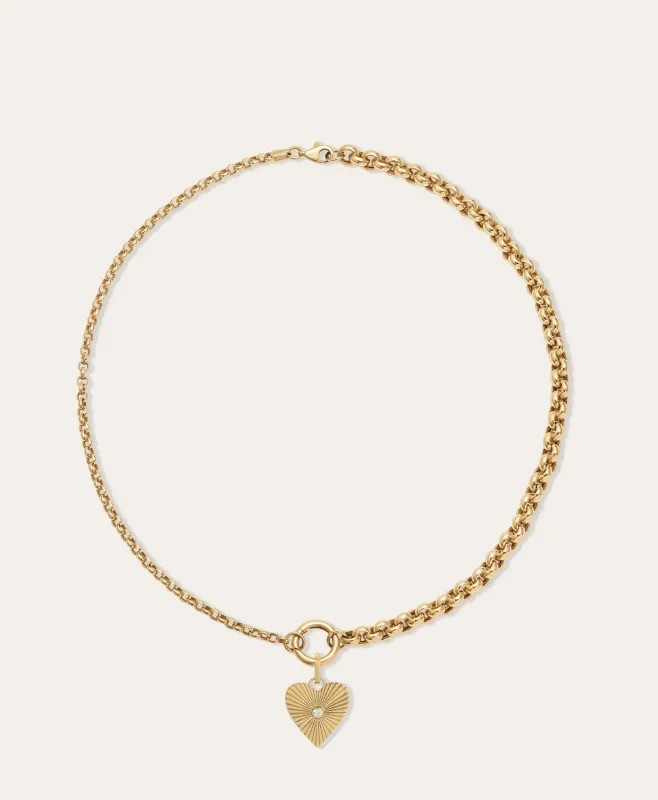 Groovy Diamond Heart Rays Charm Necklace on Half & Half Rolo Chain made by Adina Reyter
