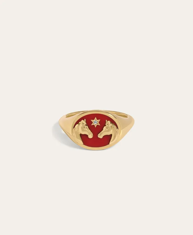 One of a Kind Year of The Horse Enamel Portrait Signet Ring, Size 4 made by Adina Reyter