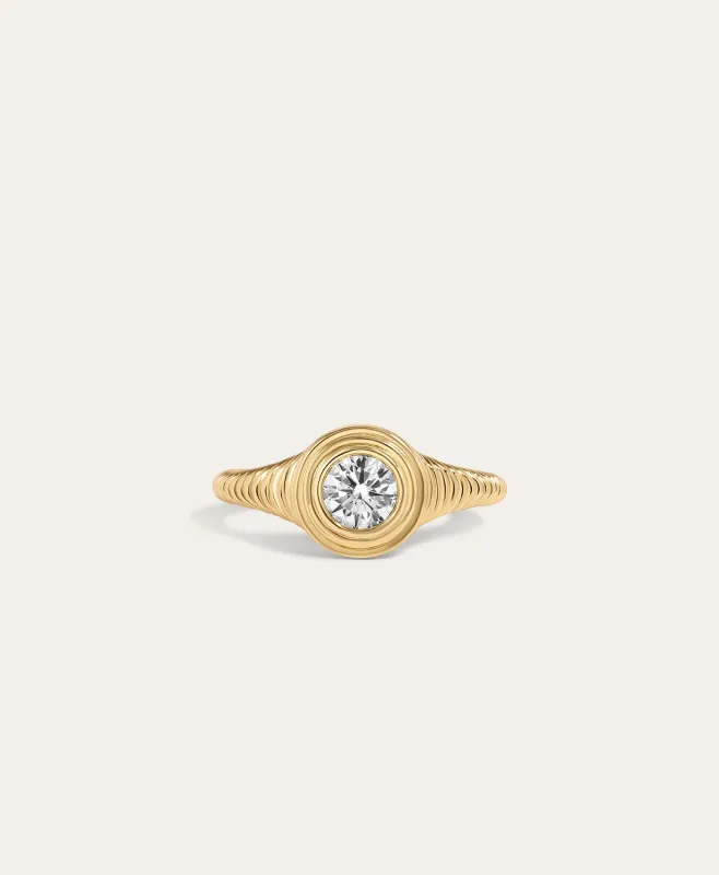 One of a Kind Groovy Solitaire Diamond Signet Ring, Size 6 made by Adina Reyter