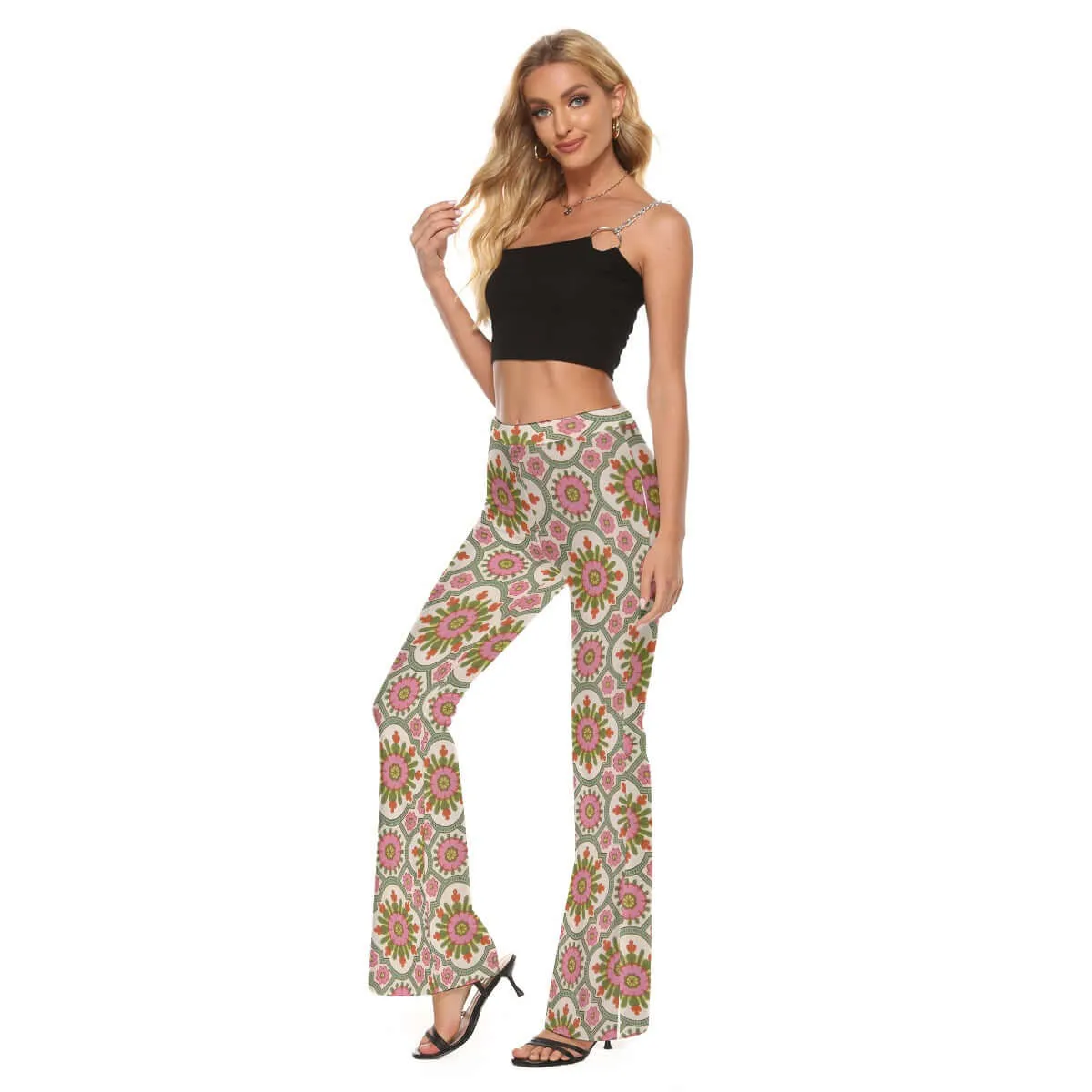 Hippie Floral Print Women's High Elastic Slim Flare Pants sold by Archiify product image thumbnail 3