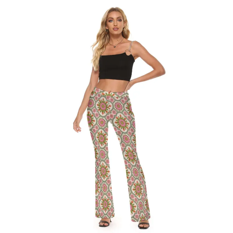 Hippie Floral Print Women's High Elastic Slim Flare Pants sold by Archiify