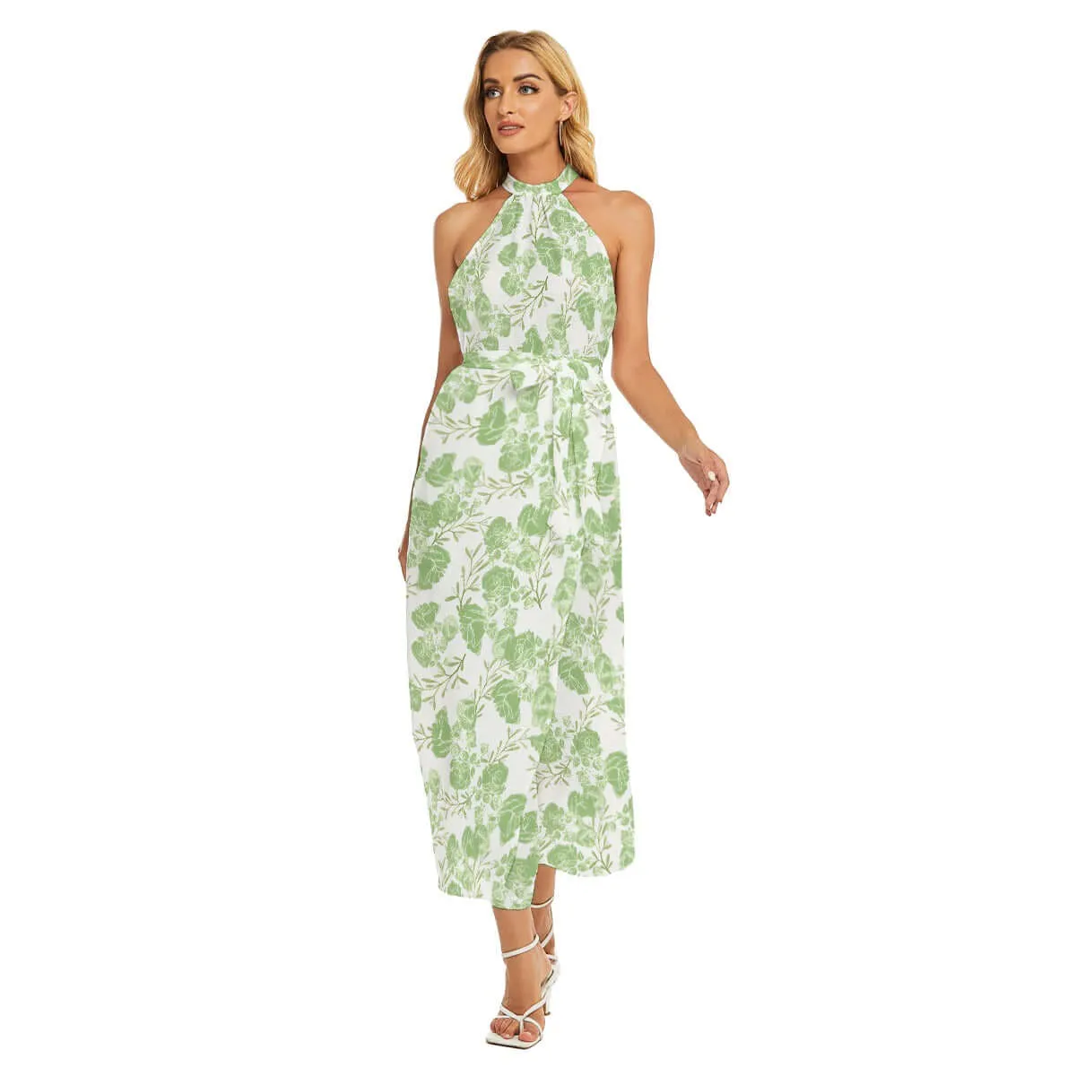 Cottagecore Women's Floral Print Wrap Hem Belted Halter Dress sold by Archiify