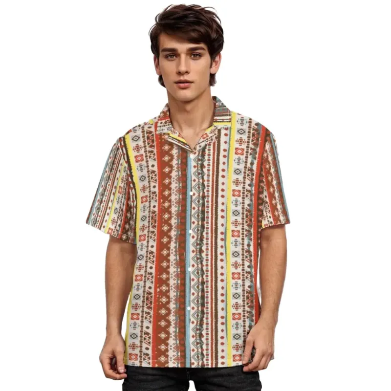 Hippie Colorful Striped Print Men's Hawaiian Shirt Short Sleeve sold by Archiify
