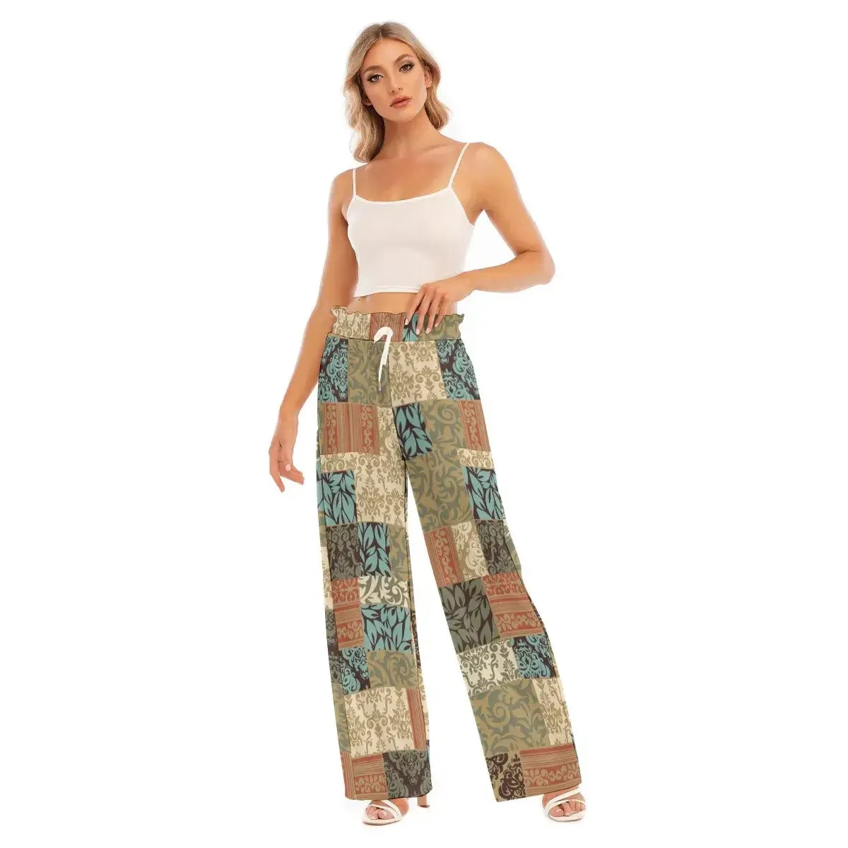 Hippie Patchwork Print Women's Waist Fungus Edge Wide-leg Pants sold by Archiify