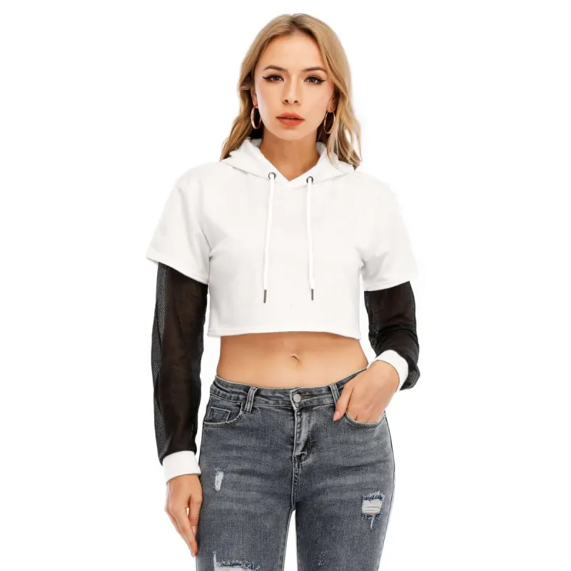 Women's Fake Two-piece Mesh Sleeve Cropped Hoodie sold by Archiify