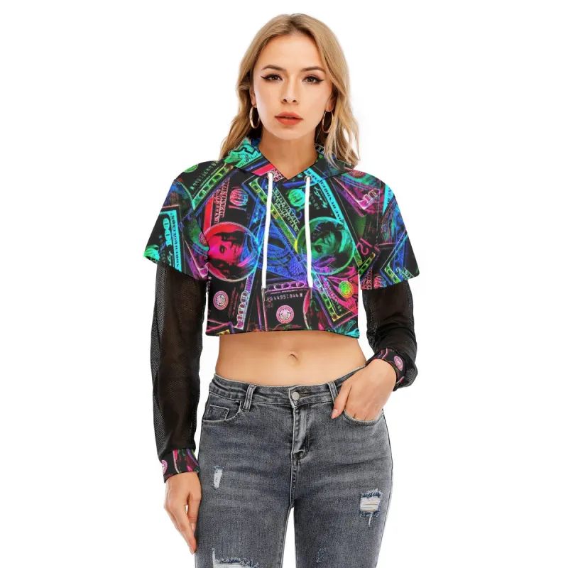 All-Over Print Women's Fake Two-piece Mesh Sleeve Cropped Hoodie made by Archiify