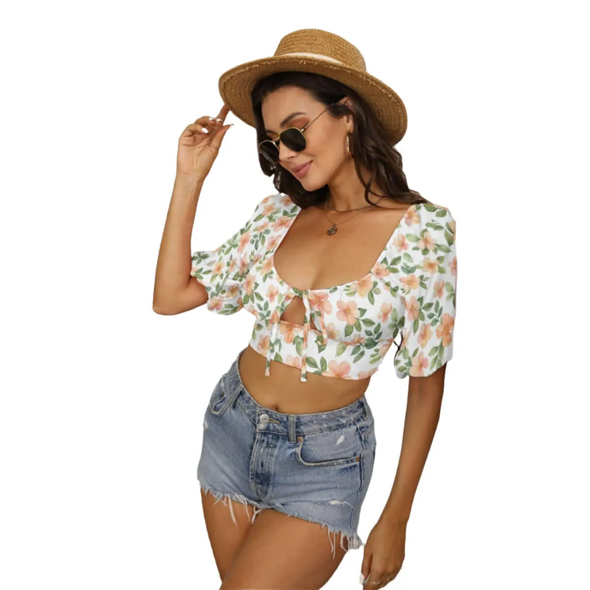 Cottagecore Women's Square Collar Cropped Top With Puff Sleeve sold by Archiify product image thumbnail 2