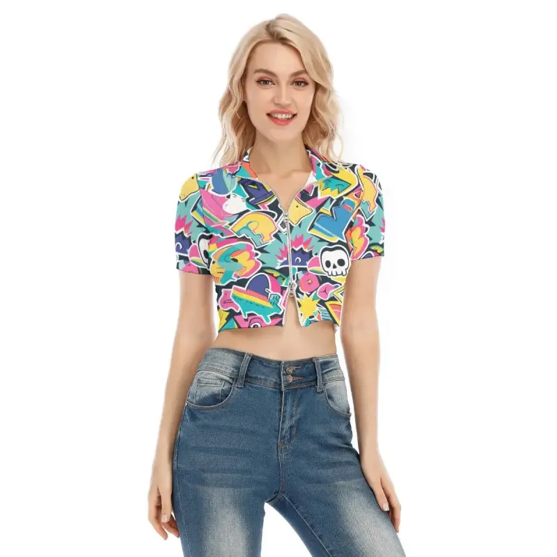 Hip-Hop Style Skull Print Women's Zipper Short Sleeve T-Shirt sold by Archiify