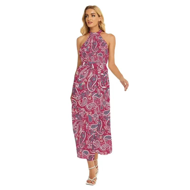 Bohemian Paisley Print Women's Wrap Hem Belted Halter Dress sold by Archiify