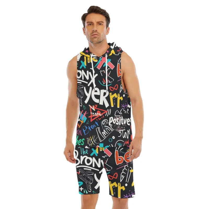 Street Style Graffiti Print Men's Sleeveless Vest And Shorts Set sold by Archiify