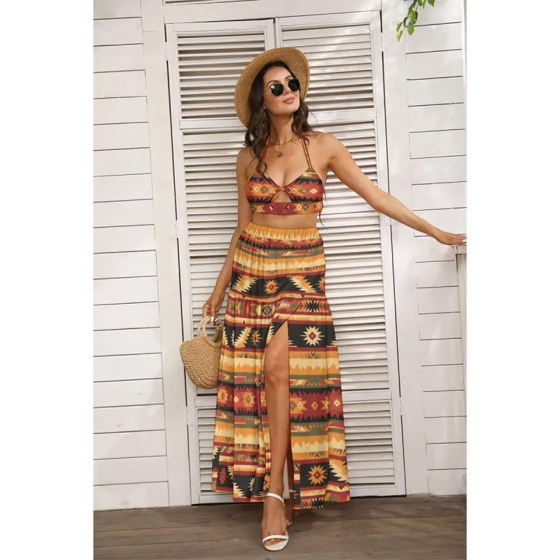 Bohemian Geo Print Women's Sexy Tie Back Wrap Dress sold by Archiify