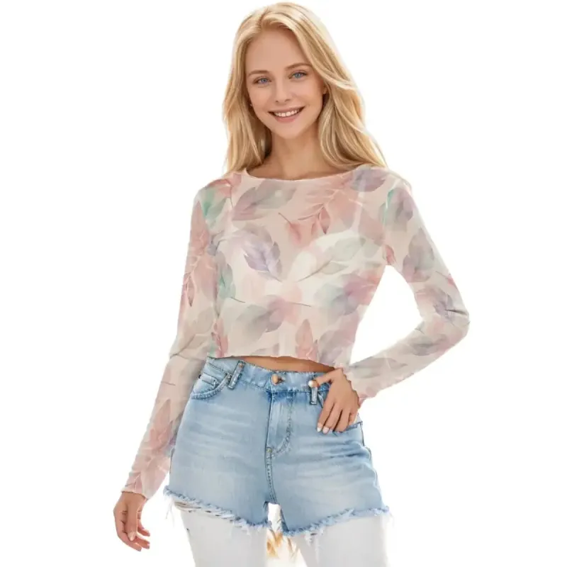 Cottagecore Print Women's Mesh Short Crop Long Sleeve T-Shirt sold by Archiify