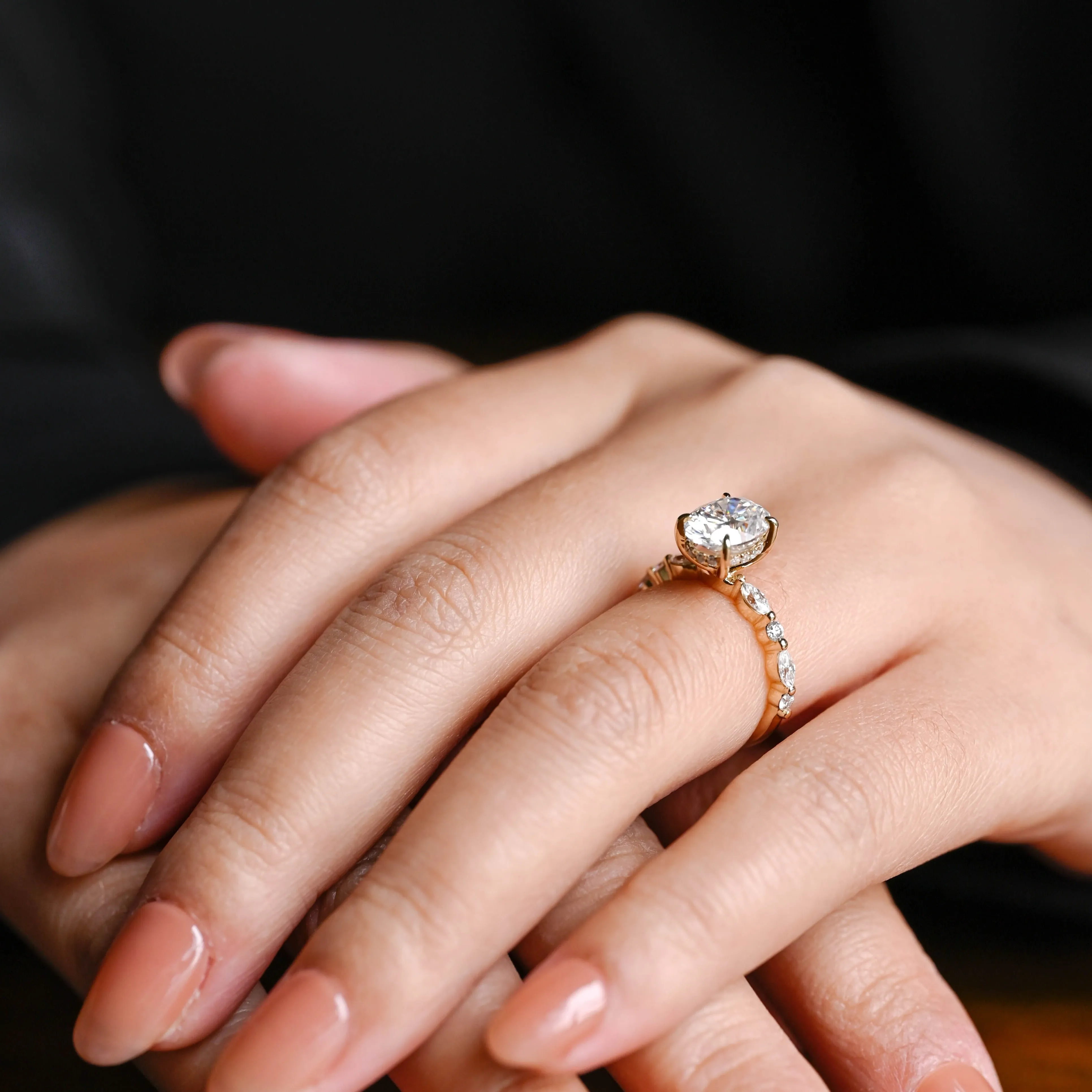 Solid Gold Hidden Halo Oval Cut Moissanite Engagement Ring sold by Causyou product image thumbnail 4