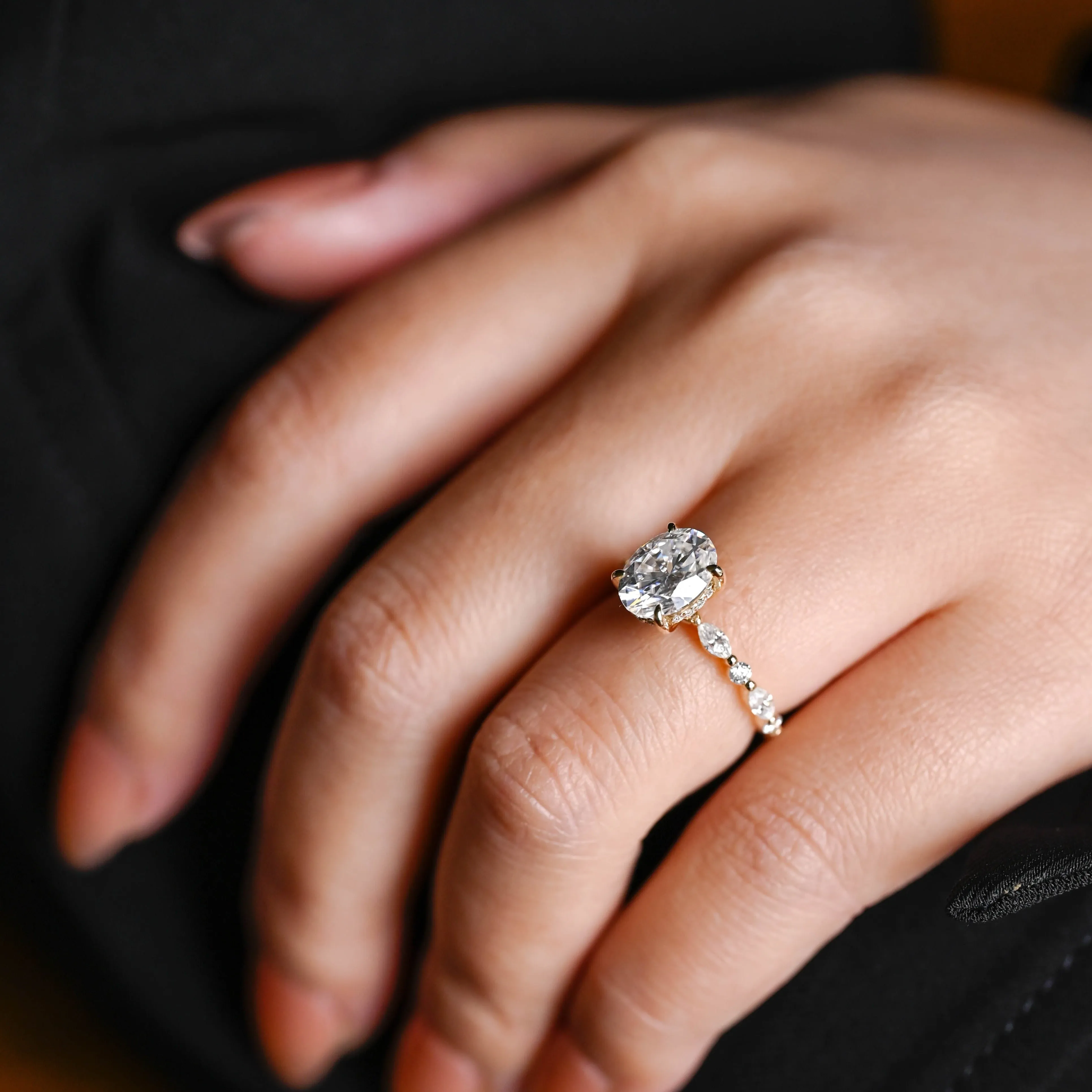 Solid Gold Hidden Halo Oval Cut Moissanite Engagement Ring sold by Causyou product image thumbnail 3