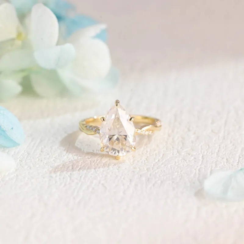 Solid Gold Pear Cut Moissanite Engagement Ring, Twist Band Promise Ring, Proposal Ring, Gift for Women Wife sold by Causyou