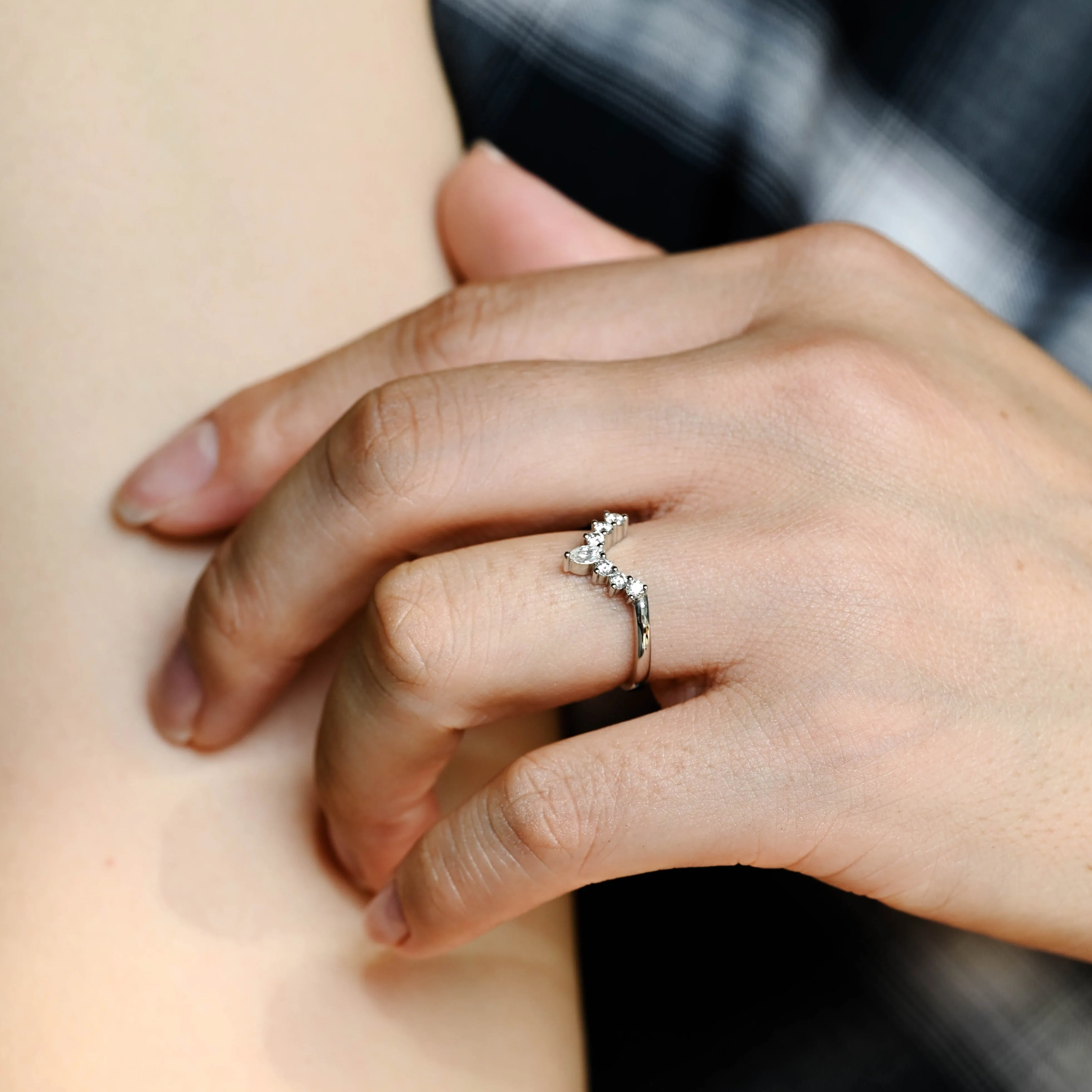 Solid Gold Curved Marquise & Round Cut Moissanite Wedding Band sold by Causyou product image thumbnail 2