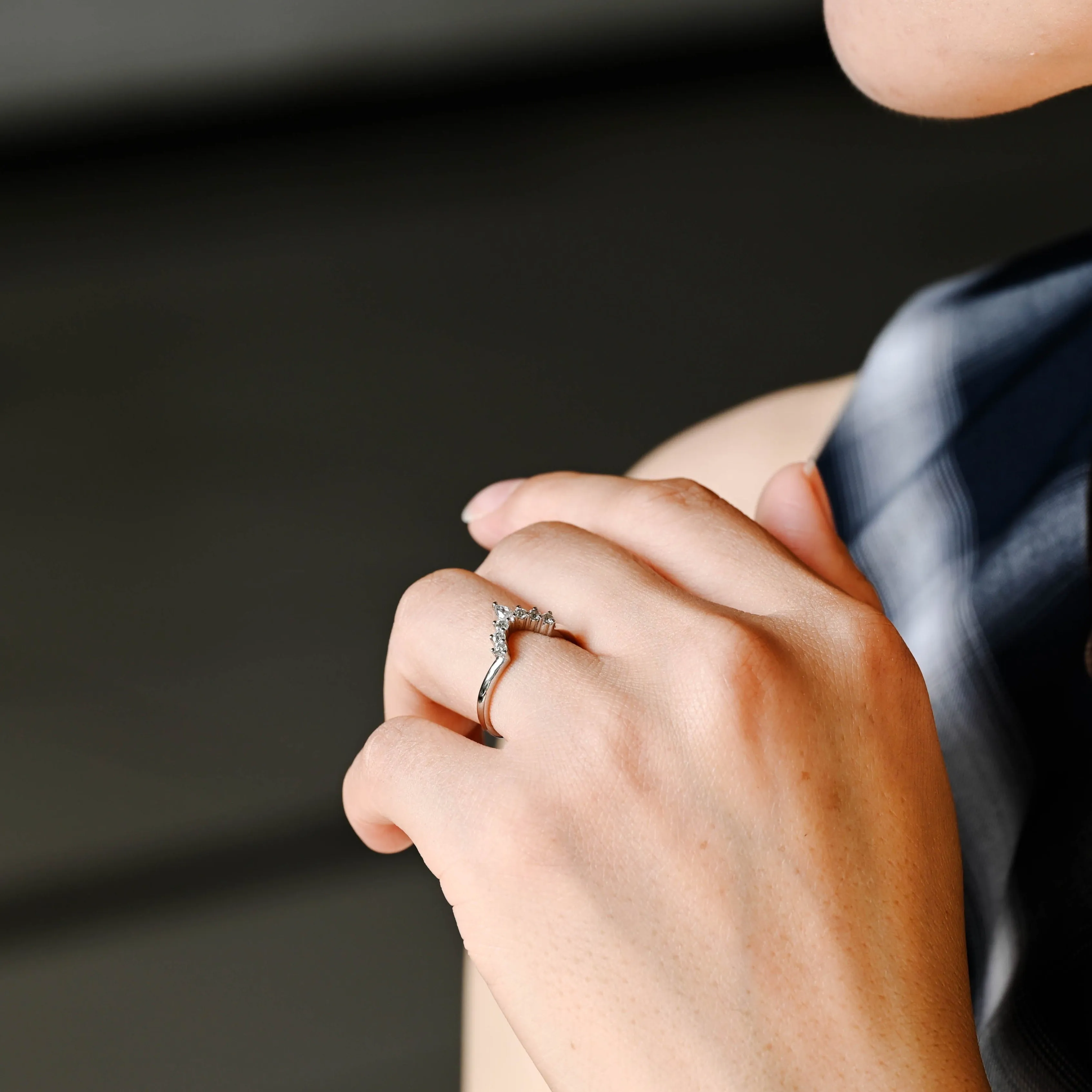 Solid Gold Curved Marquise & Round Cut Moissanite Wedding Band sold by Causyou product image thumbnail 3