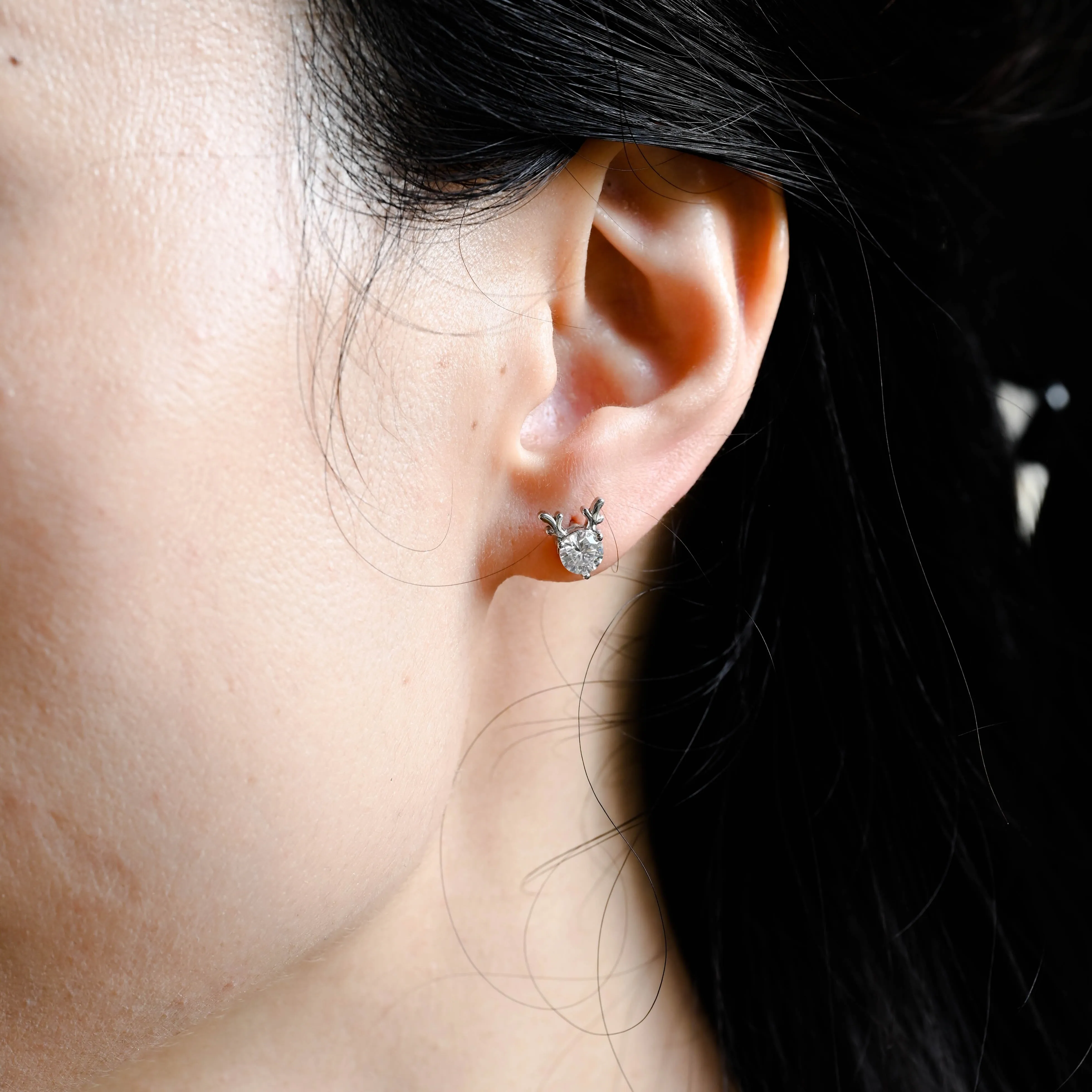 Solid Gold Fairy Deer Round Cut Moissanite Earrings Stud sold by Causyou product image thumbnail 2
