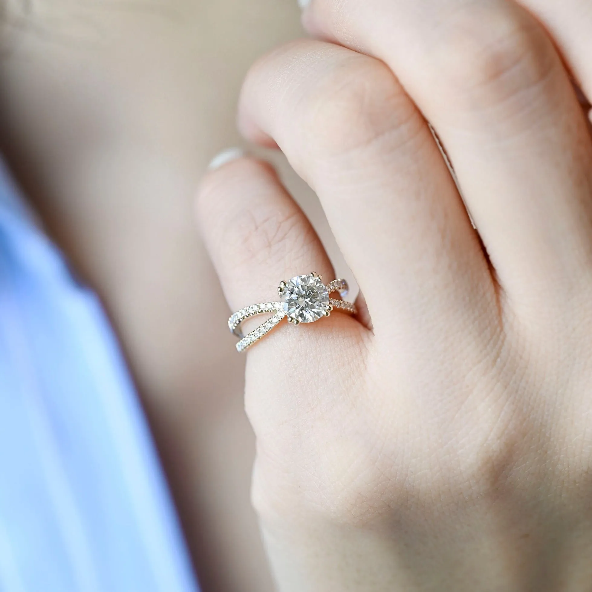 Solid Gold Round Cut Moissanite Engagement Ring, Split Shank Promise Ring, Bridal Ring, Gift for Women sold by Causyou product image thumbnail 2