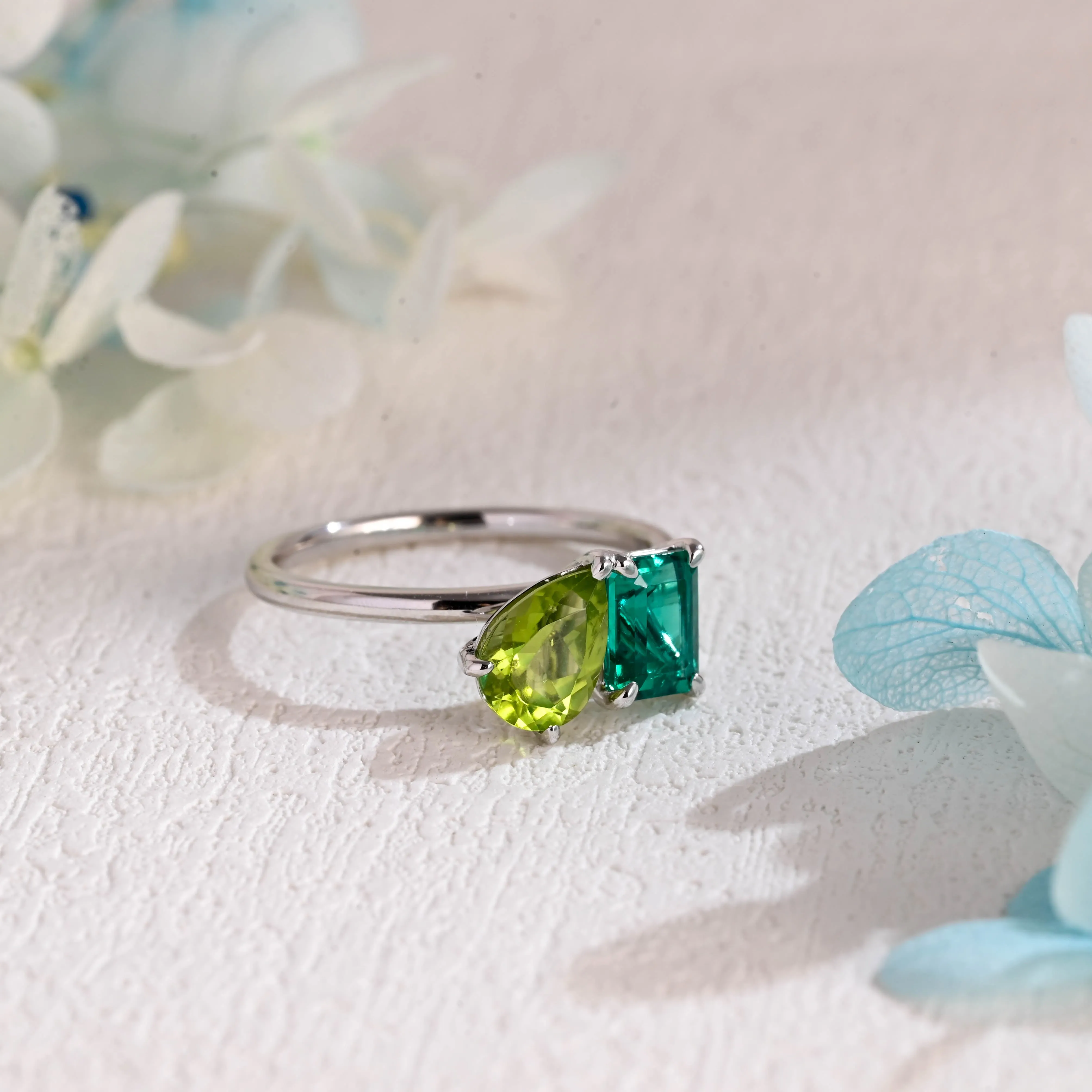 Solid Gold Toi Et Moi Ring, Pear cut Peridot & Lab Grown Emerald Engagement Ring, Anniversary Ring sold by Causyou product image thumbnail 5