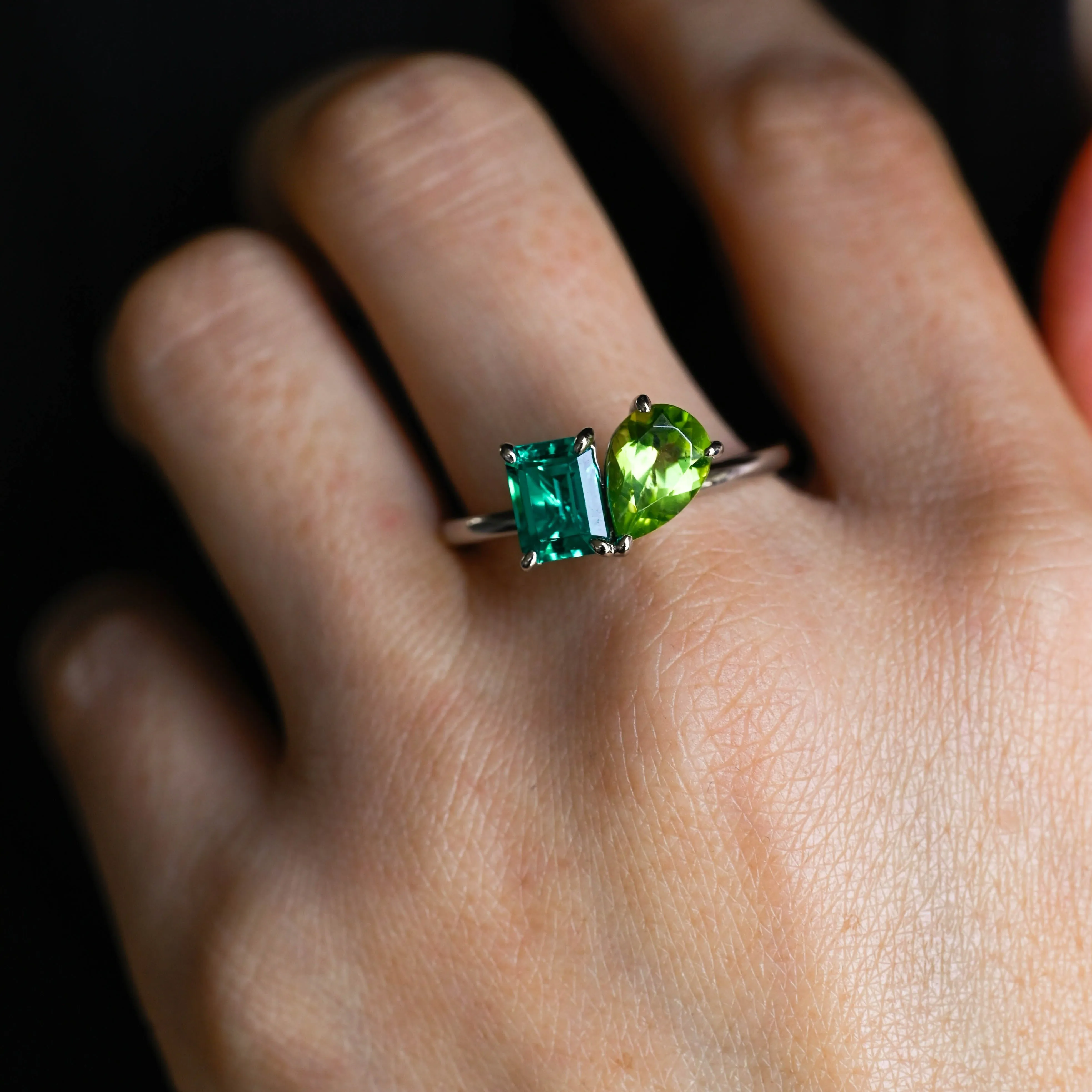 Solid Gold Toi Et Moi Ring, Pear cut Peridot & Lab Grown Emerald Engagement Ring, Anniversary Ring sold by Causyou product image thumbnail 2