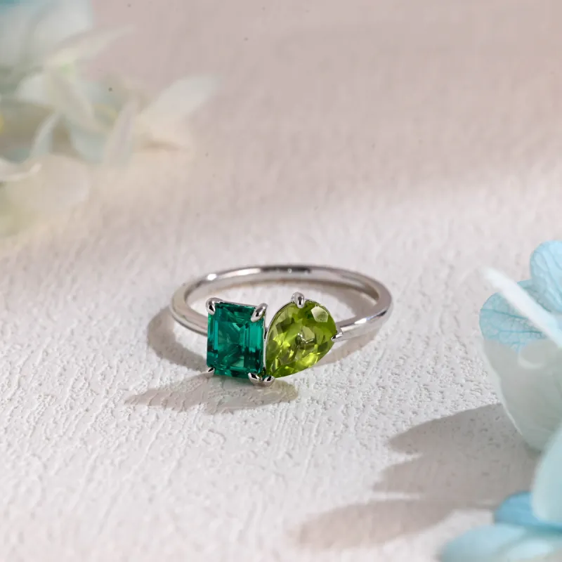 Solid Gold Toi Et Moi Ring, Pear cut Peridot & Lab Grown Emerald Engagement Ring, Anniversary Ring sold by Causyou
