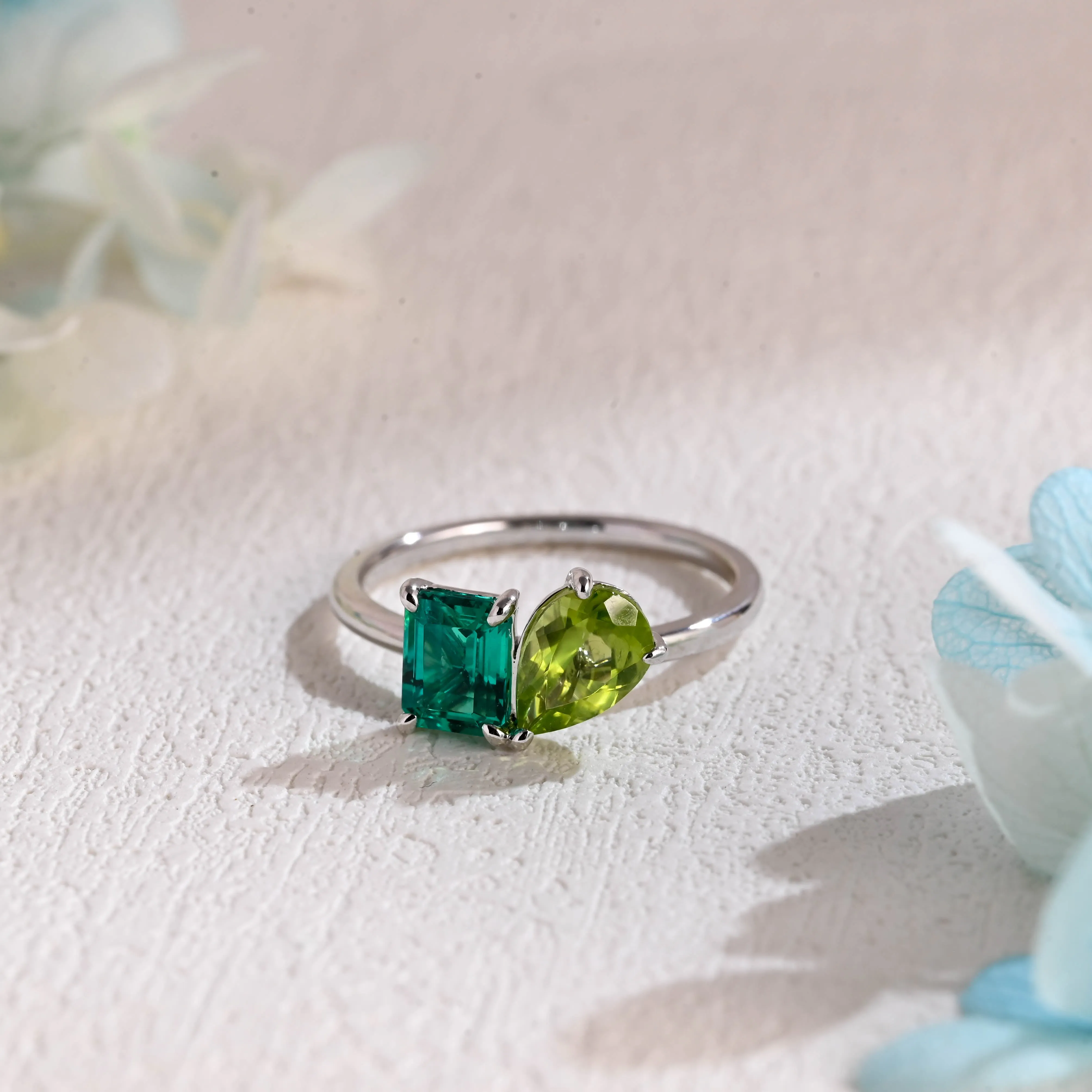 Solid Gold Toi Et Moi Ring, Pear cut Peridot & Lab Grown Emerald Engagement Ring, Anniversary Ring sold by Causyou