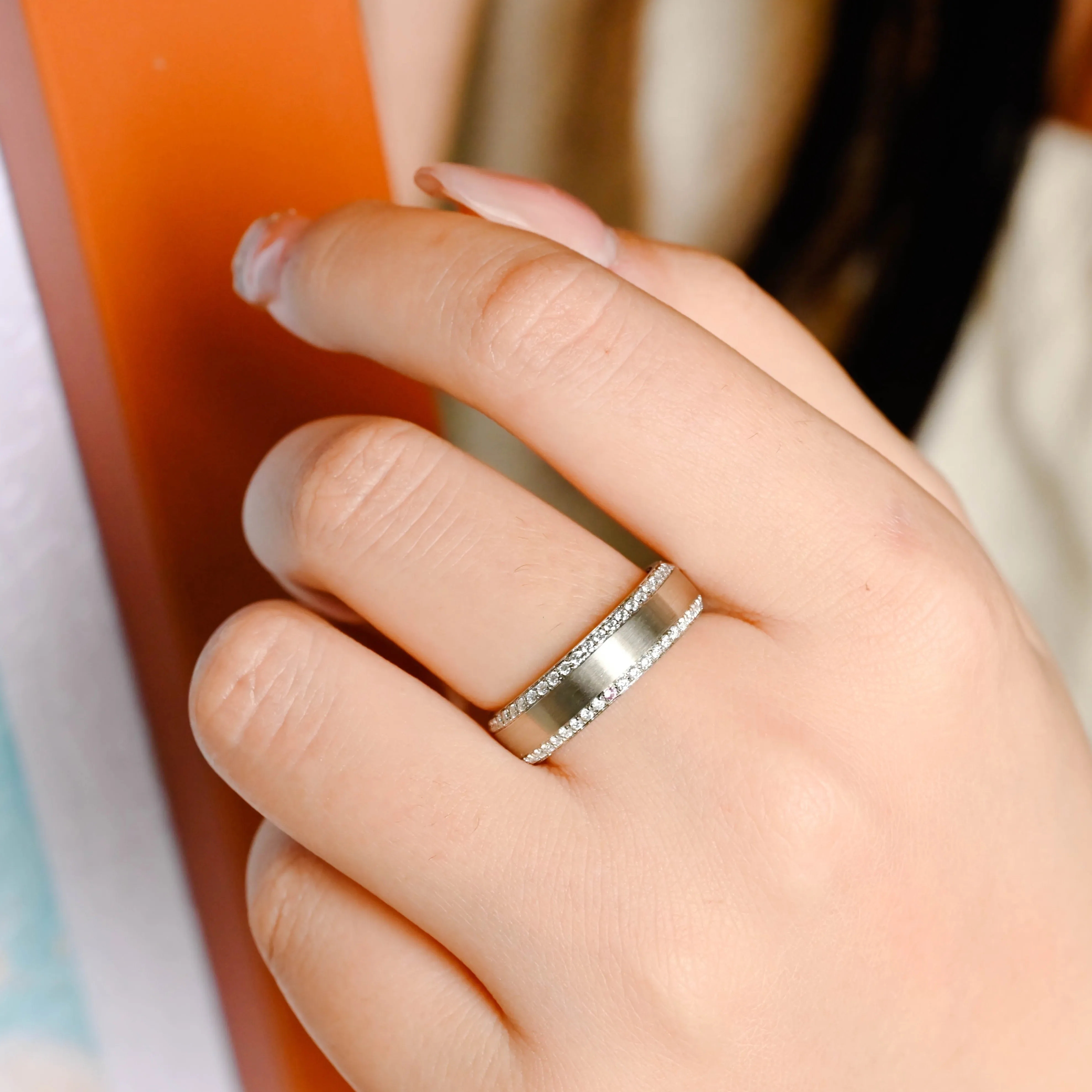 CausYou Solid Gold 6mm Satin-Finish Cigar Band, Round Moissanite Wedding Band sold by Causyou product image thumbnail 2