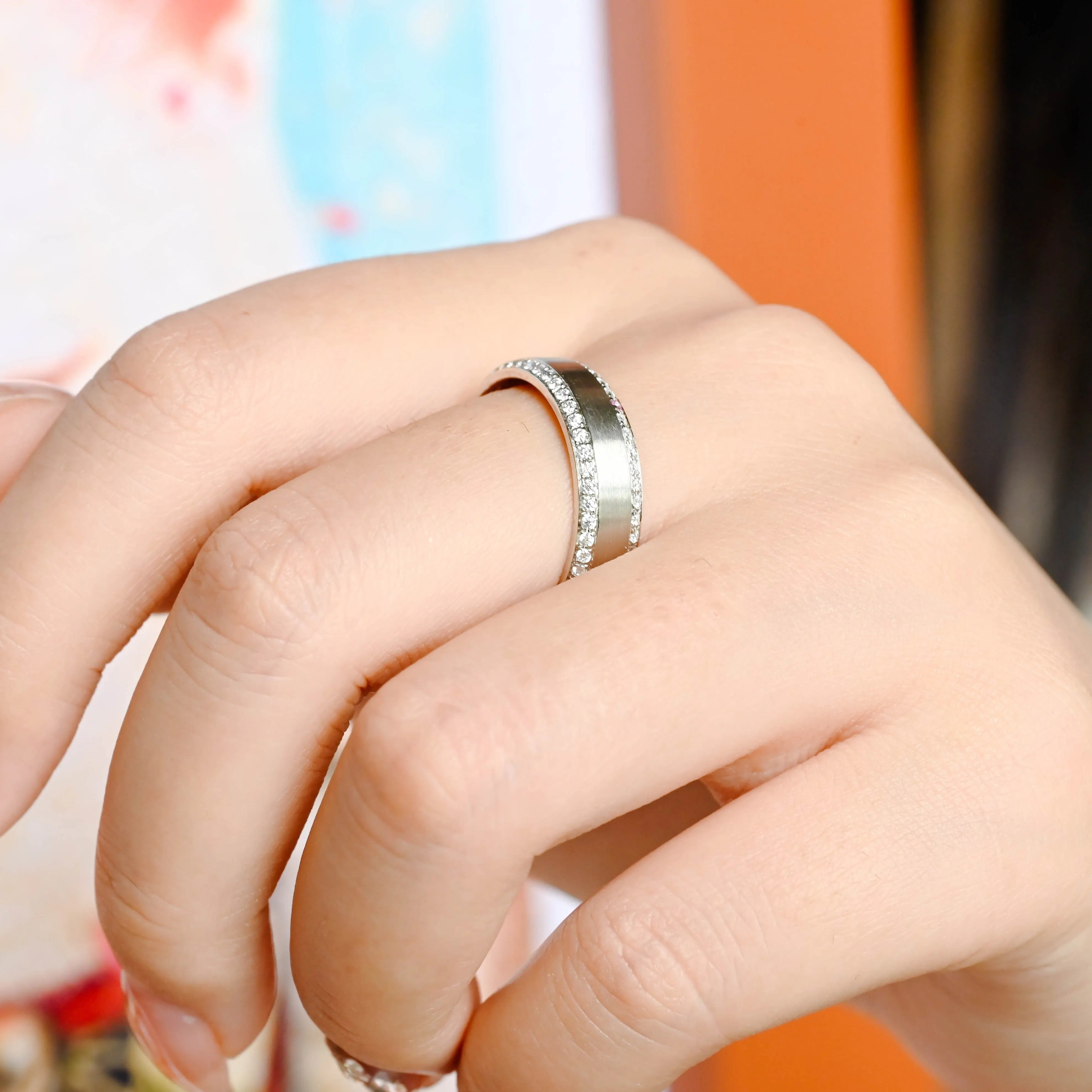 CausYou Solid Gold 6mm Satin-Finish Cigar Band, Round Moissanite Wedding Band sold by Causyou product image thumbnail 4
