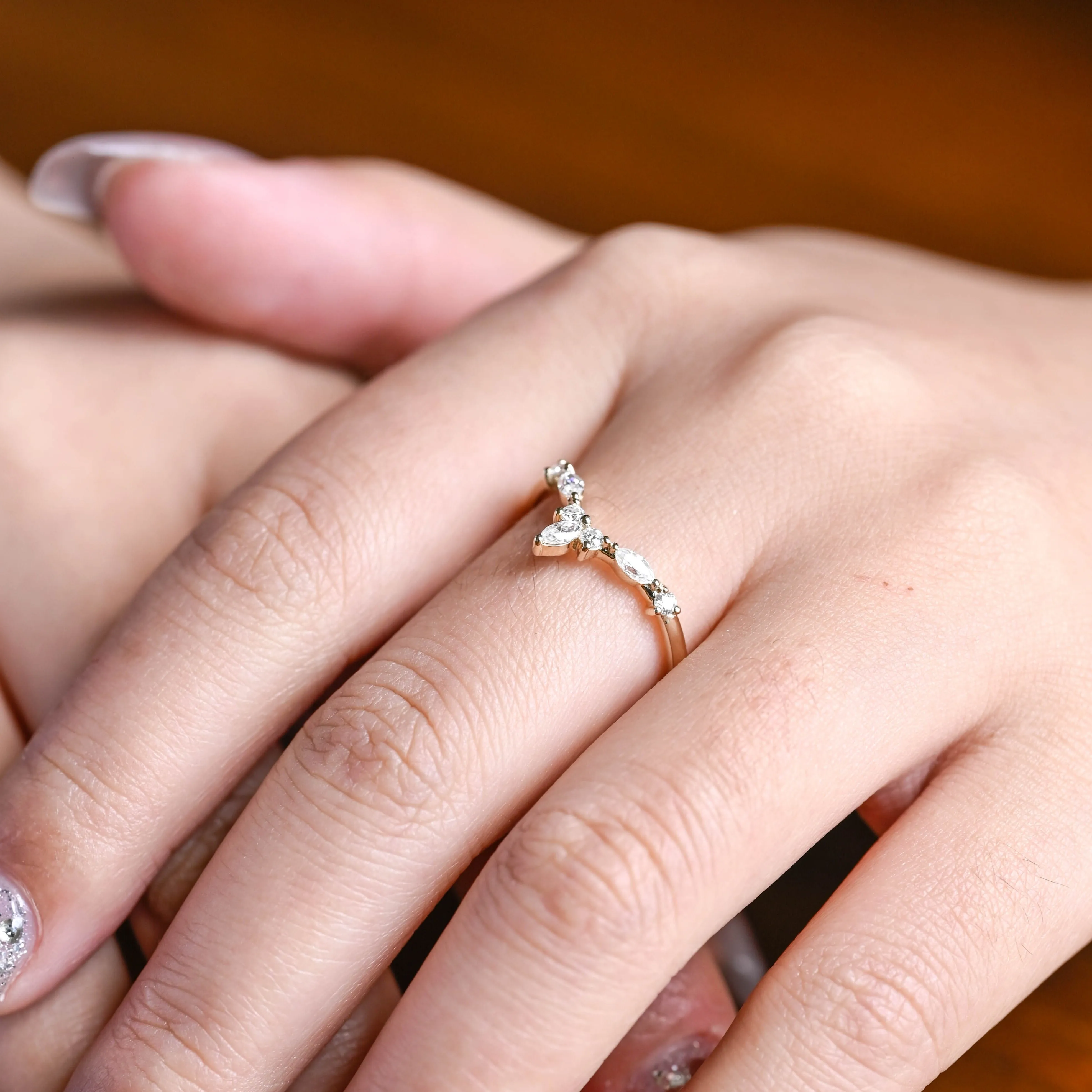 Solid Gold Curved Marquise & Round Cut Moissanite Wedding Band sold by Causyou product image thumbnail 3