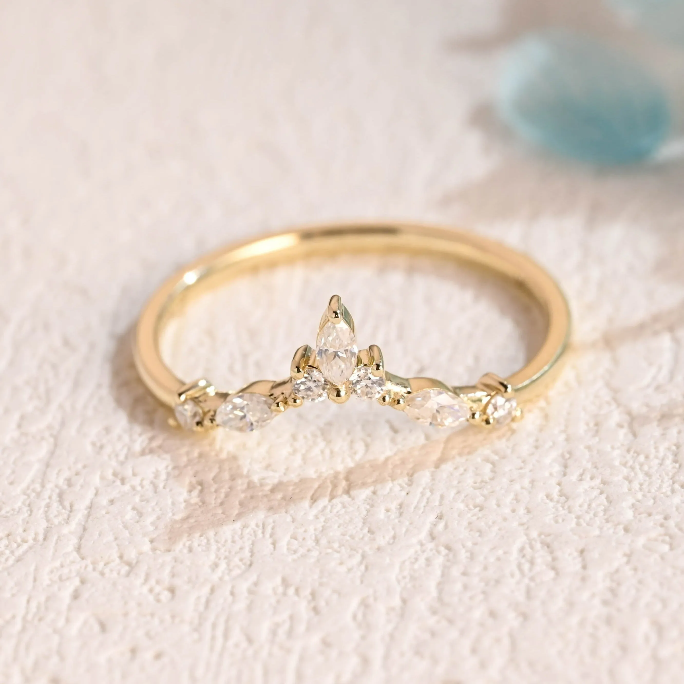 Solid Gold Curved Marquise & Round Cut Moissanite Wedding Band sold by Causyou